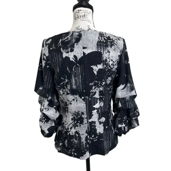 Alberto Makali Women's Size M Top Puff Ruffle Sleeve Black Gray Print - Picture 3 of 7